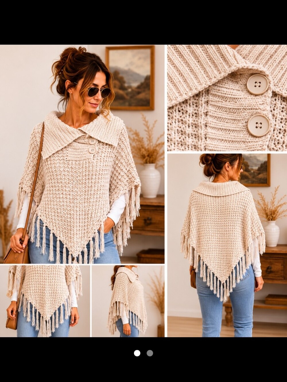 Say What? ~ Cozy Cabincore Fringe Poncho Sweater Wrap Oatmeal OSFM